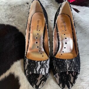 Go Max Black Lace Peep Toe‎ Heels Stiletto Evening Party Occasion Shoes 7.5